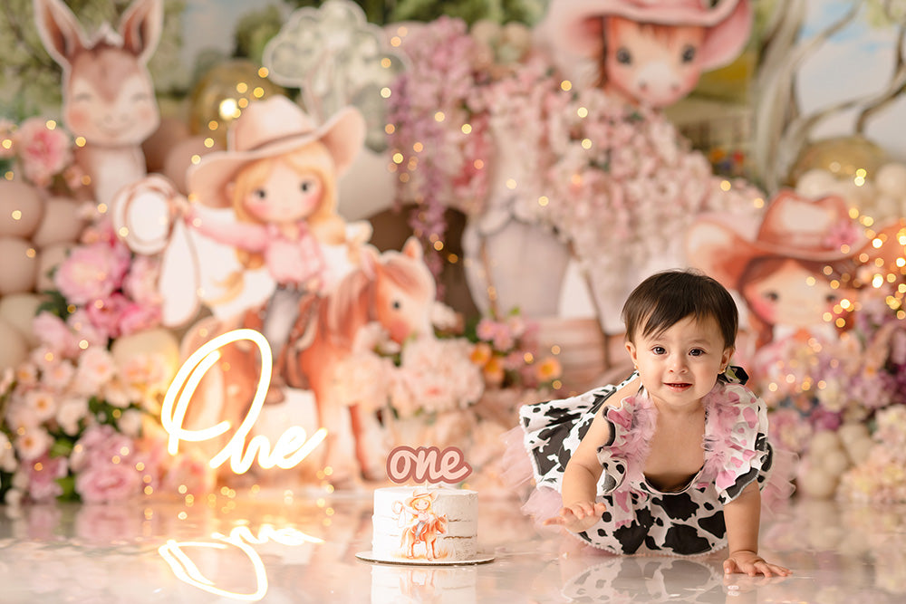 Cowgirl floral western cake smash backdrop with illustrated horses, wagon, flowers, and pastel balloons