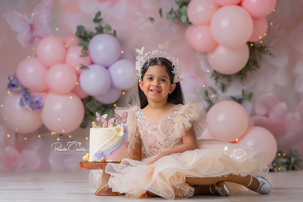 Pastel butterfly backdrop with soft balloons, greenery, and watercolor floral textures