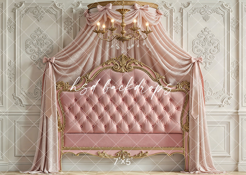Elegant pink headboard photography backdrop with blush draping, gold ornate detailing, and chandelier accents for princess and birthday photo sessions.