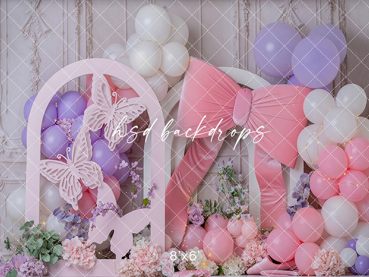 Blush Butterfly Bow Photography Backdrop – Spring Cake Smash Design | HSD Backdrops