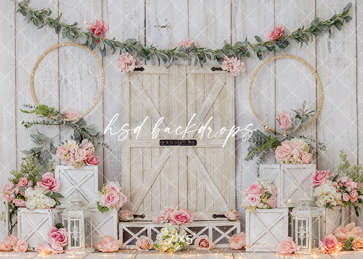 Blush Floral Barn Door Cake Smash Photography Backdrop – Rustic Spring Farmhouse Scene | HSD Backdrops