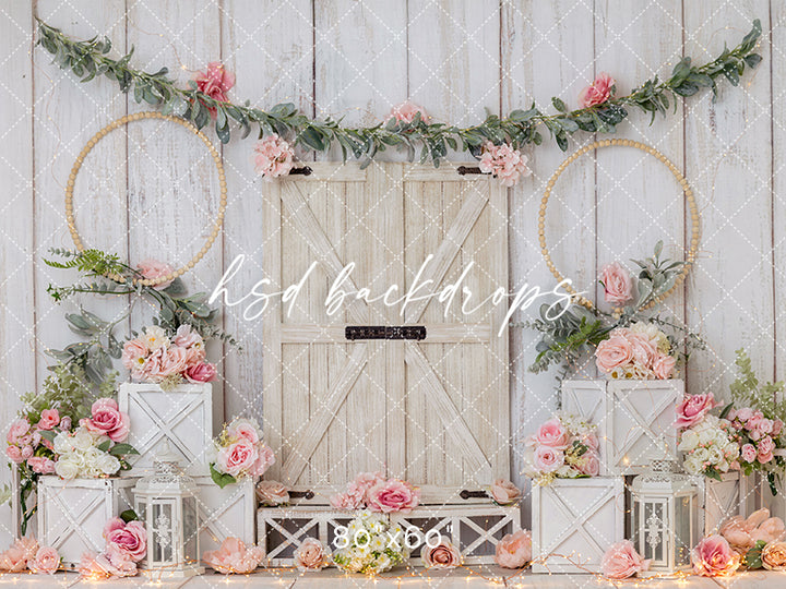Blush Floral Barn Door Cake Smash Photography Backdrop – Rustic Spring Farmhouse Scene | HSD Backdrops