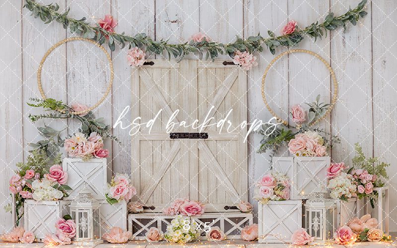 Blush Floral Barn Door Cake Smash Photography Backdrop – Rustic Spring Farmhouse Scene | HSD Backdrops