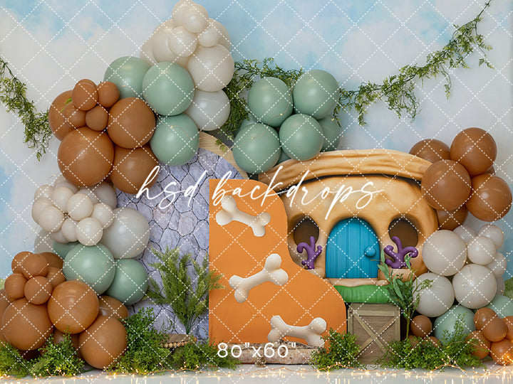 Prehistoric Party Cake Smash Photography Backdrop – Stone Age Bone House First Birthday Scene | HSD Backdrops
