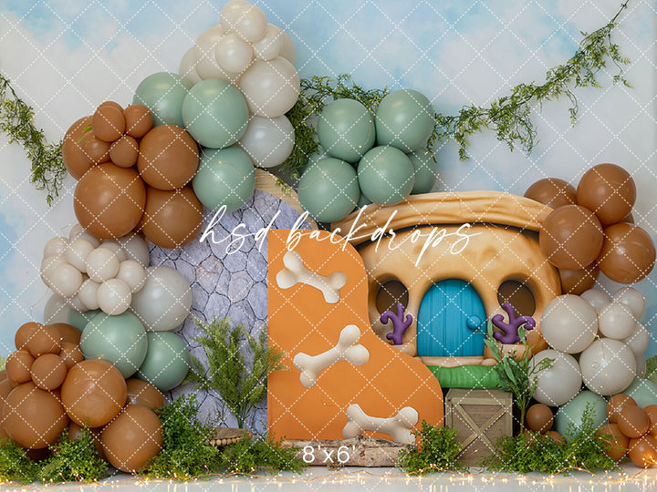Prehistoric Party Cake Smash Photography Backdrop – Stone Age Bone House First Birthday Scene | HSD Backdrops