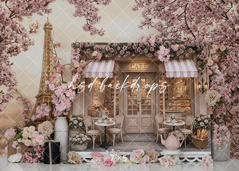 Paris Tea Party Birthday Photography Backdrop – Pink Floral Café Scene | HSD Backdrops