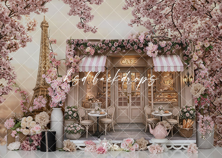 Paris Tea Party Birthday Photography Backdrop – Pink Floral Café Scene | HSD Backdrops