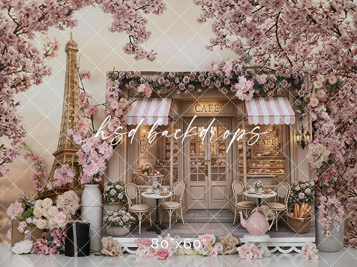 Paris Tea Party Birthday Photography Backdrop – Pink Floral Café Scene | HSD Backdrops
