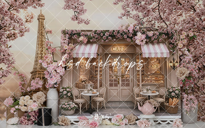 Paris Tea Party Birthday Photography Backdrop – Pink Floral Café Scene | HSD Backdrops