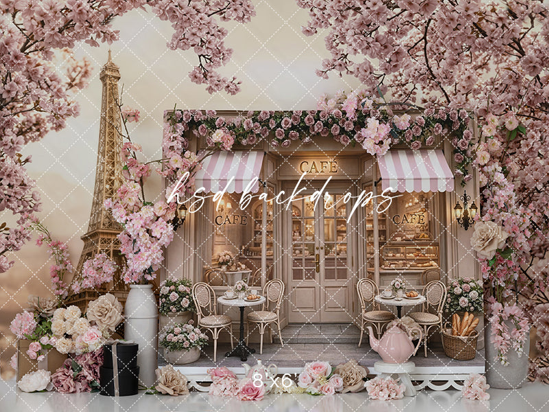 Paris Tea Party Birthday Photography Backdrop – Pink Floral Café Scene | HSD Backdrops