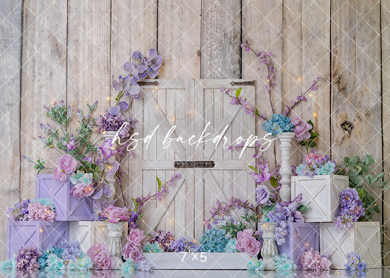 Pastel Lavender Barn Door Cake Smash Photography Backdrop – Floral First Birthday Scene | HSD Backdrops