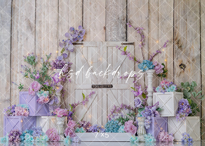 Pastel Lavender Barn Door Cake Smash Photography Backdrop – Floral First Birthday Scene | HSD Backdrops