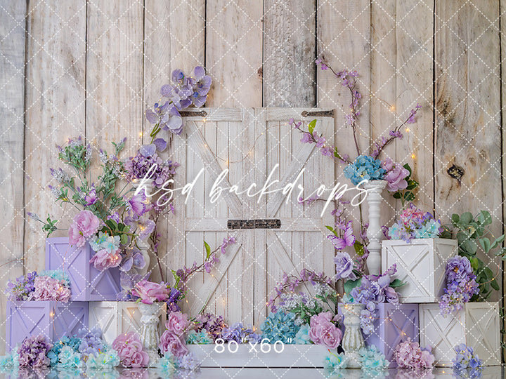 Pastel Lavender Barn Door Cake Smash Photography Backdrop – Floral First Birthday Scene | HSD Backdrops