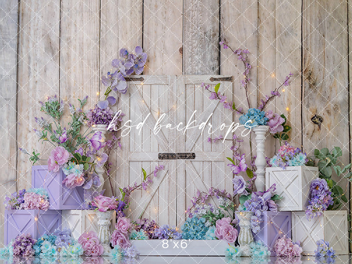 Pastel Lavender Barn Door Cake Smash Photography Backdrop – Floral First Birthday Scene | HSD Backdrops