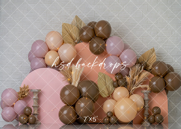 Blush Mocha Balloon Arch Cake Smash Photography Backdrop – Modern Boho Birthday Scene | HSD Backdrops