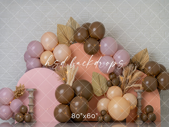 Blush Mocha Balloon Arch Cake Smash Photography Backdrop – Modern Boho Birthday Scene | HSD Backdrops
