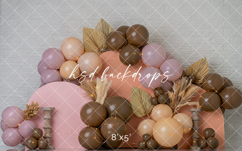 Blush Mocha Balloon Arch Cake Smash Photography Backdrop – Modern Boho Birthday Scene | HSD Backdrops