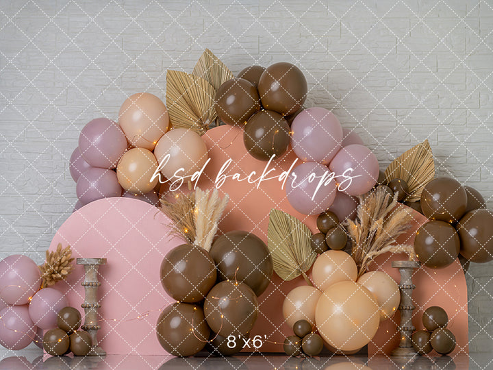 Blush Mocha Balloon Arch Cake Smash Photography Backdrop – Modern Boho Birthday Scene | HSD Backdrops