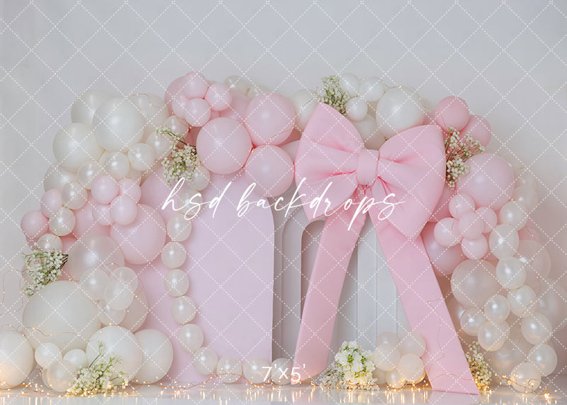 Pearl Luxe Baby Pink Balloon Arch Cake Smash Photography Backdrop – Elegant First Birthday Scene | HSD Backdrops