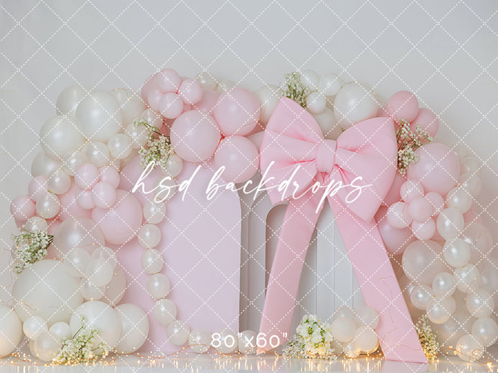 Pearl Luxe Baby Pink Balloon Arch Cake Smash Photography Backdrop – Elegant First Birthday Scene | HSD Backdrops