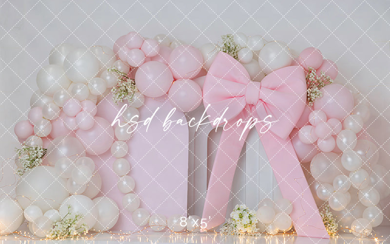 Pearl Luxe Baby Pink Balloon Arch Cake Smash Photography Backdrop – Elegant First Birthday Scene | HSD Backdrops