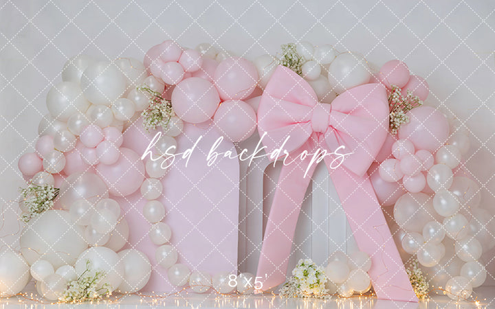 Pearl Luxe Baby Pink Balloon Arch Cake Smash Photography Backdrop – Elegant First Birthday Scene | HSD Backdrops
