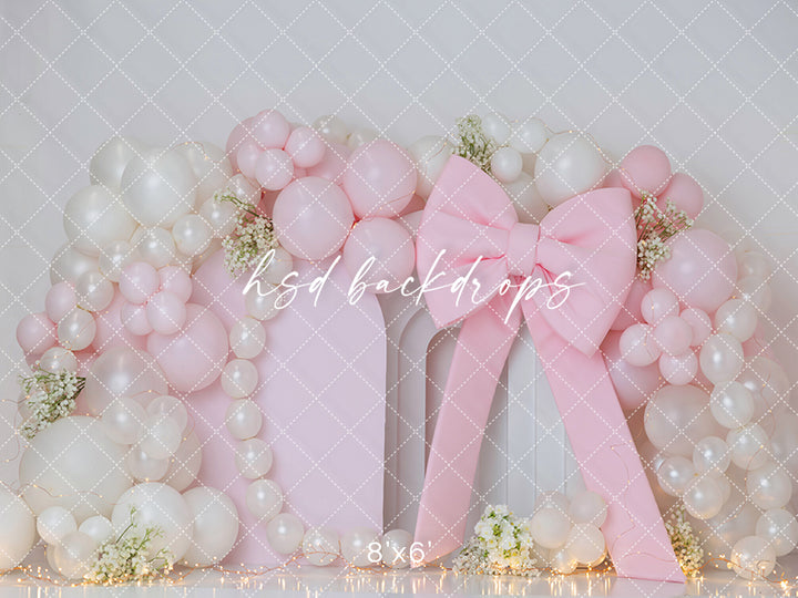 Pearl Luxe Baby Pink Balloon Arch Cake Smash Photography Backdrop – Elegant First Birthday Scene | HSD Backdrops