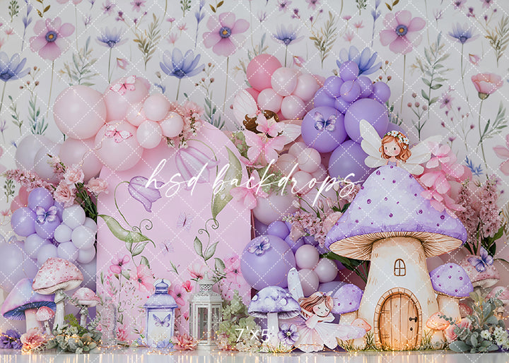 Pastel Fairy Garden Cake Smash Photography Backdrop – Enchanted Mushroom Birthday Scene | HSD Backdrops