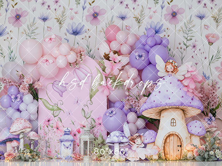 Pastel Fairy Garden Cake Smash Photography Backdrop – Enchanted Mushroom Birthday Scene | HSD Backdrops