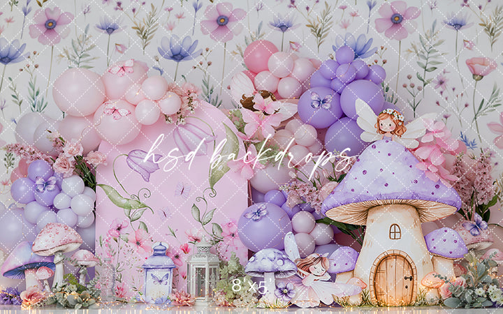 Pastel Fairy Garden Cake Smash Photography Backdrop – Enchanted Mushroom Birthday Scene | HSD Backdrops