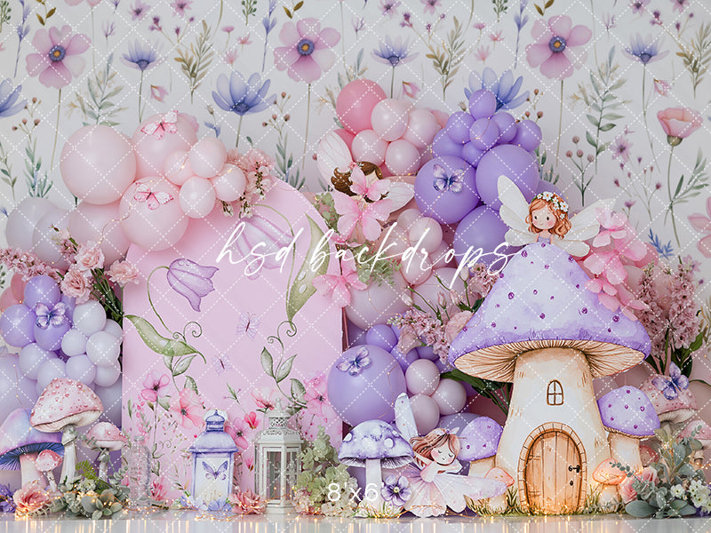Pastel Fairy Garden Cake Smash Photography Backdrop – Enchanted Mushroom Birthday Scene | HSD Backdrops