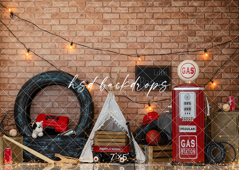 Vintage Garage Boys Cake Smash Photography Backdrop – Retro Gas Station Birthday Scene | HSD Backdrops