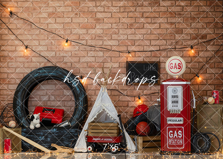 Vintage Garage Boys Cake Smash Photography Backdrop – Retro Gas Station Birthday Scene | HSD Backdrops