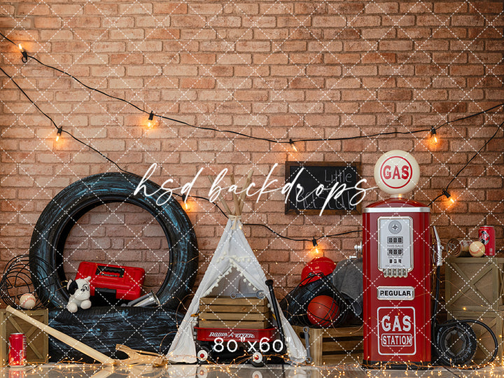 Vintage Garage Boys Cake Smash Photography Backdrop – Retro Gas Station Birthday Scene | HSD Backdrops