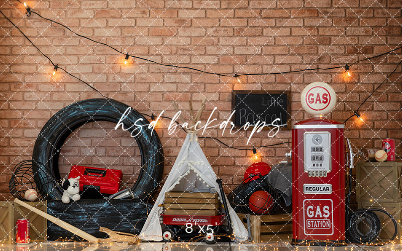 Vintage Garage Boys Cake Smash Photography Backdrop – Retro Gas Station Birthday Scene | HSD Backdrops