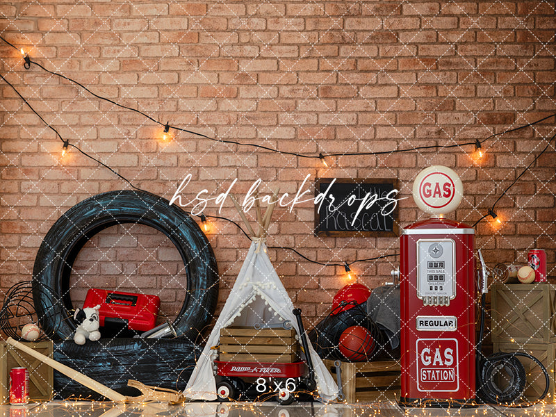 Vintage Garage Boys Cake Smash Photography Backdrop – Retro Gas Station Birthday Scene | HSD Backdrops
