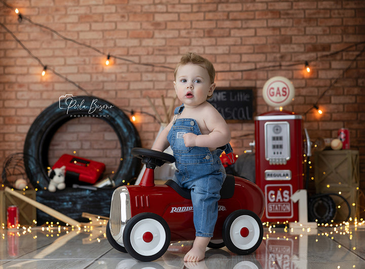 Vintage Garage Boys Cake Smash Photography Backdrop – Retro Gas Station Birthday Scene | HSD Backdrops
