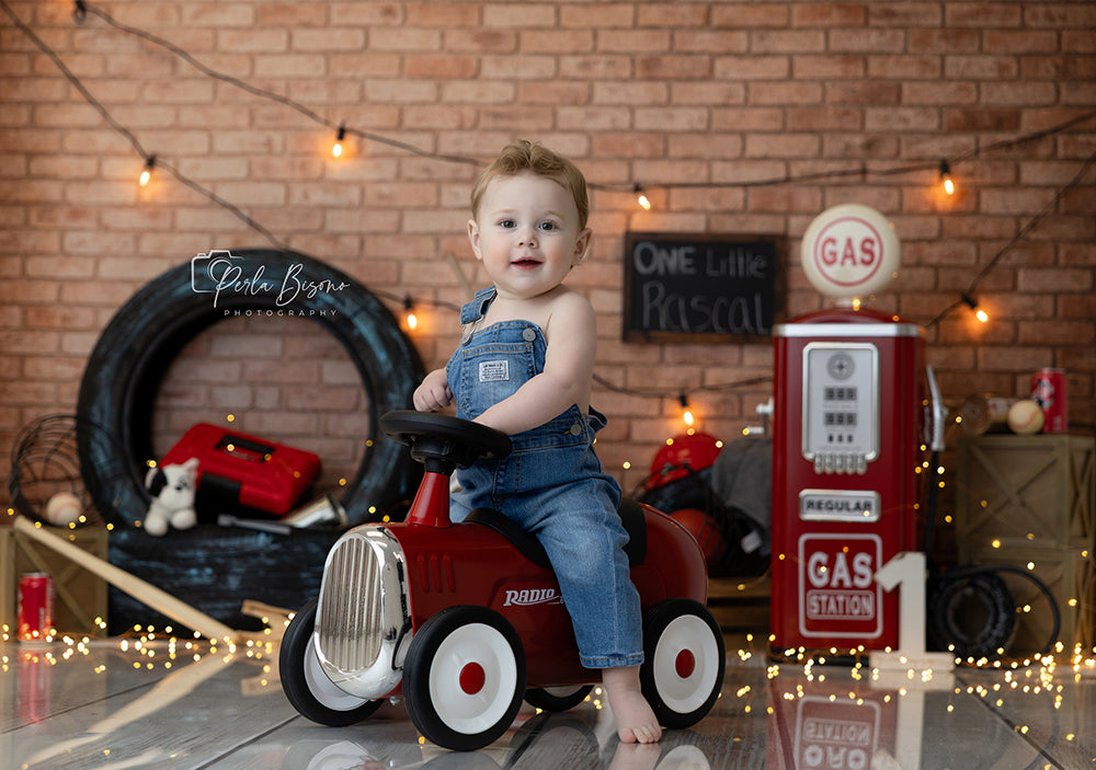 Vintage Garage Boys Cake Smash Photography Backdrop – Retro Gas Station Birthday Scene | HSD Backdrops