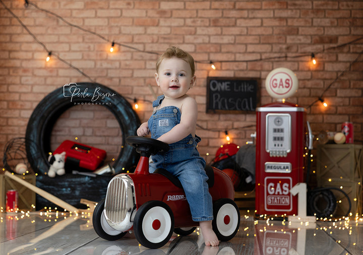 Vintage Garage Boys Cake Smash Photography Backdrop – Retro Gas Station Birthday Scene | HSD Backdrops