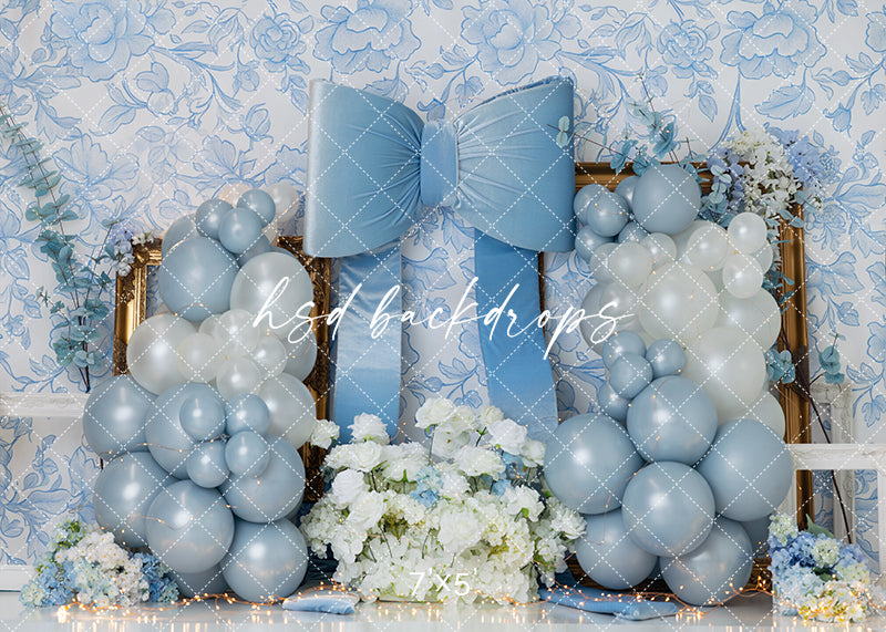 Blue Bow Balloon Cake Smash Photography Backdrop – Elegant First Birthday Portrait Scene | HSD Backdrops