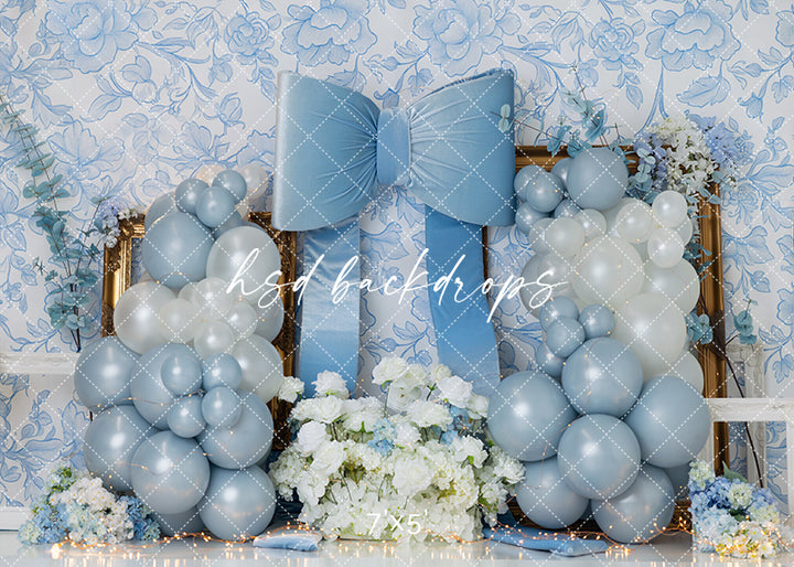Blue Bow Balloon Cake Smash Photography Backdrop – Elegant First Birthday Portrait Scene | HSD Backdrops