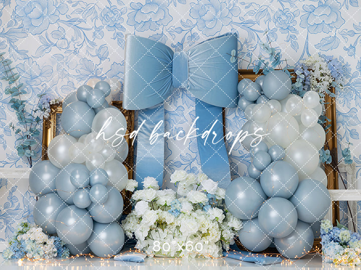 Blue Bow Balloon Cake Smash Photography Backdrop – Elegant First Birthday Portrait Scene | HSD Backdrops