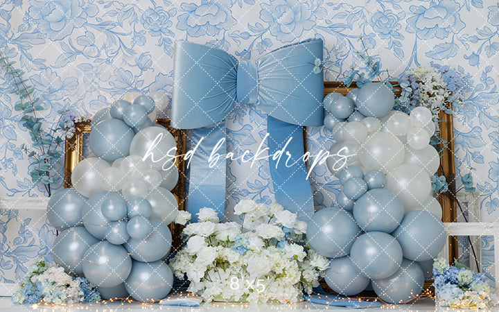 Blue Bow Balloon Cake Smash Photography Backdrop – Elegant First Birthday Portrait Scene | HSD Backdrops