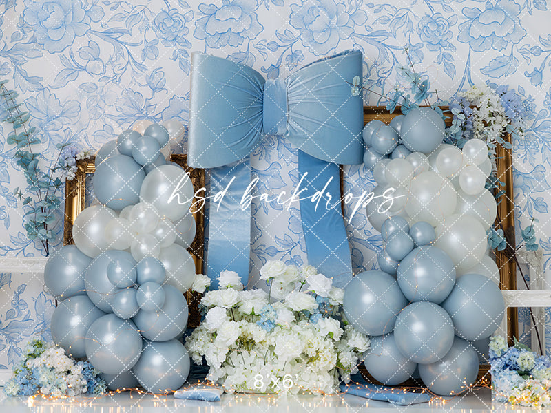 Blue Bow Balloon Cake Smash Photography Backdrop – Elegant First Birthday Portrait Scene | HSD Backdrops