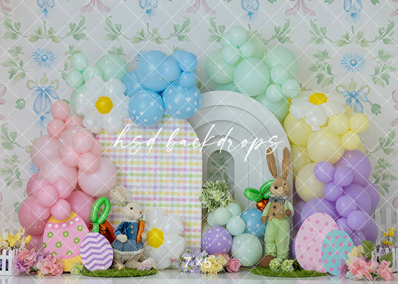 Pastel Bunny Balloon Cake Smash Photography Backdrop – Sweet Easter Birthday Portrait Scene | HSD Backdrops