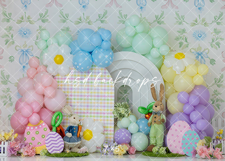 Pastel Bunny Balloon Cake Smash Photography Backdrop – Sweet Easter Birthday Portrait Scene | HSD Backdrops