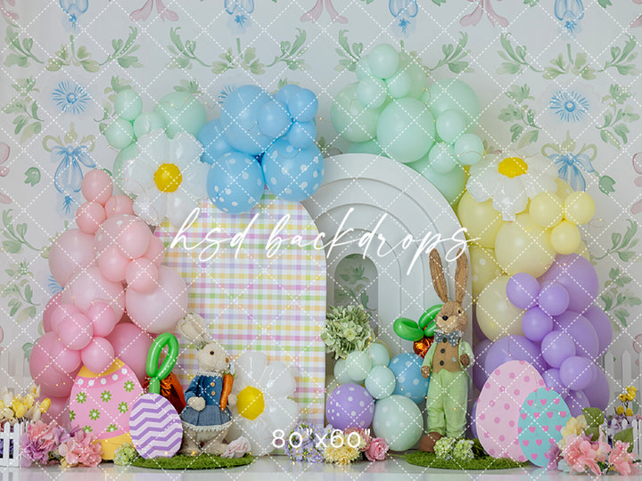 Pastel Bunny Balloon Cake Smash Photography Backdrop – Sweet Easter Birthday Portrait Scene | HSD Backdrops