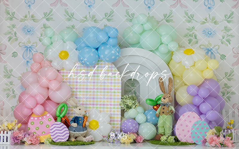 Pastel Bunny Balloon Cake Smash Photography Backdrop – Sweet Easter Birthday Portrait Scene | HSD Backdrops