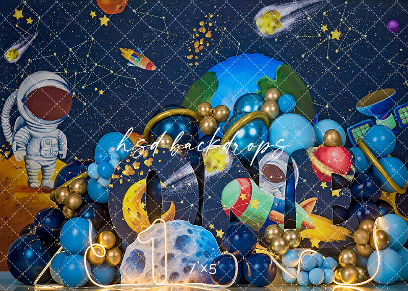 One in Space Boys Cake Smash Photography Backdrop – Outer Space First Birthday Portrait Scene | HSD Backdrops