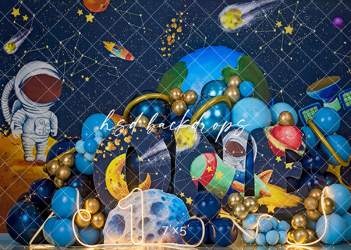 One in Space Boys Cake Smash Photography Backdrop – Outer Space First Birthday Portrait Scene | HSD Backdrops